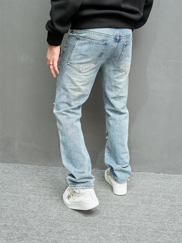 Men High Street Stylish HipHop Holes Loose Straight Jeans Trousers Vintage Male Ripped Cotton Casual Denim Pants