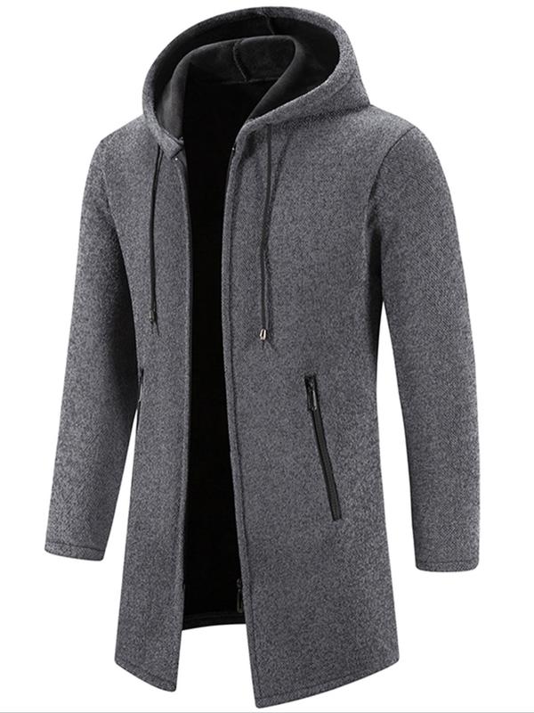 Men's Regular Fit Solid Pocket Drawstring Zip Up Hooded Cardigan, Casual Long Sleeve Zip Front Outerwear for Fall & Winter, Men's Knitwear for Daily Wear