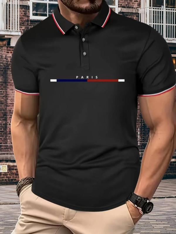 Men's Regular Fit Letter Print Contrast Binding Polo Shirt, Casual Streetwear Short Sleeve Button Front Top for Summer, Polo Shirts Men, Fashion Men's Clothes for Outdoor Sports