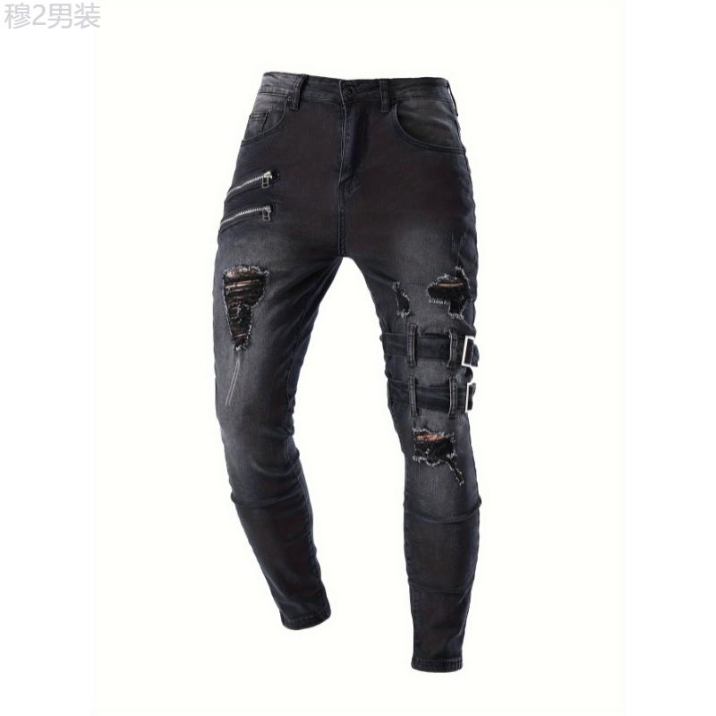 Medium Stretch Men's Chic Skinny Biker Jeans, Casual Street Style Denim Pants Menswear Spandex