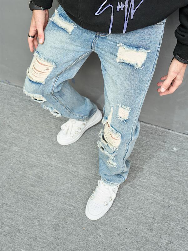 Men High Street Stylish HipHop Holes Loose Straight Jeans Trousers Vintage Male Ripped Cotton Casual Denim Pants