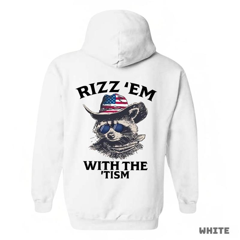 Rizz 'Em With The 'Tism Hoodie - Featuring a raccoon wearing an American cowboy hat and sunglasses, bringing a fun and unique style, perfect for outdoor parties and casual events, providing comfort and style. Unisex.