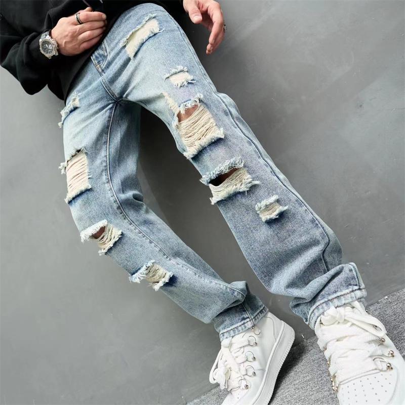 Men High Street Stylish HipHop Holes Loose Straight Jeans Trousers Vintage Male Ripped Cotton Casual Denim Pants