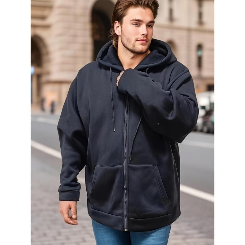 2024Plus Size Men's Oversized Solid Hooded Jacket with Zipper - Fall Winter Warmthdandy