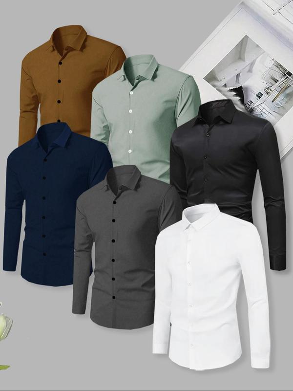 Men's Solid Button Front Long Sleeve Shirt, Casual Regular Fit Collared Top for Spring & Fall, Men's Clothes for Daily Wear