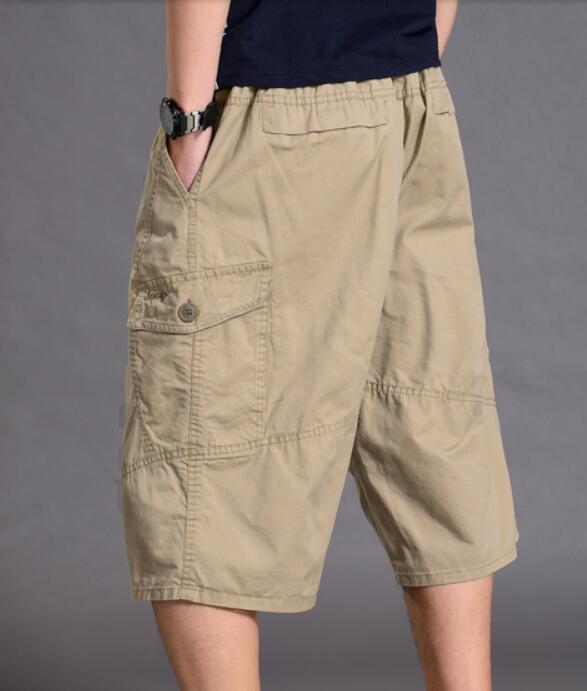 Mens 3 4 Elastic Waist Zip Fly Capri Relaxed Fit Long Cargo Shorts