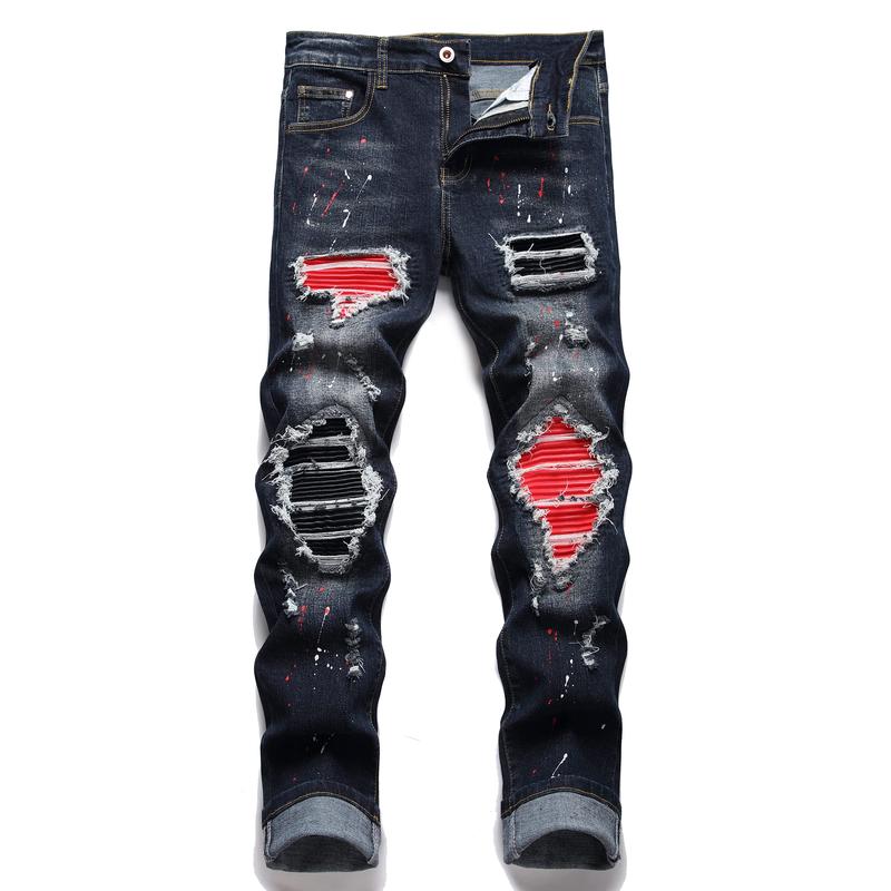 Men's Fashion Patch Ripped Stretch Regular Slim Fit Designer Jeans straight leg