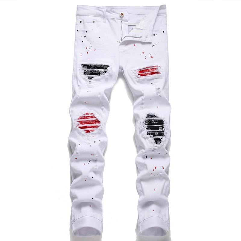 Men's Fashion Patch Ripped Stretch Regular Slim Fit Designer Jeans straight leg