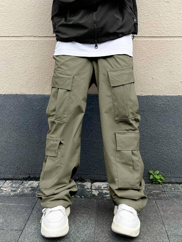 Men's Solid Flap Pocket Cargo Pants, Loose Casual Street Straight Leg Trousers for Daily Wear, Men's Bottoms for All Seasons