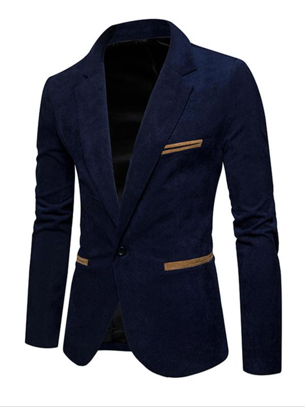 Men's Regular Fit Solid Pocket Button Front Corduroy Blazer, Business Lapel Neckline Long Sleeve Blazer for Work Office, Fashion Men's Clothing for All Seasons