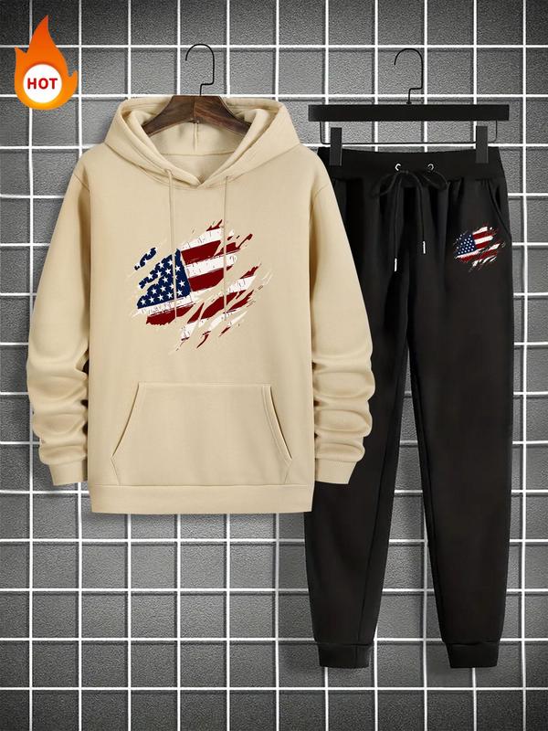 Men's American Flag Print Thermal Lined Hoodie & Drawstring Waist Sweatpants Set, Regular Fit Casual Long Sleeve Hooded Sweatshirt & Pocket Jogger Pants, Men's Fall & Winter Clothes