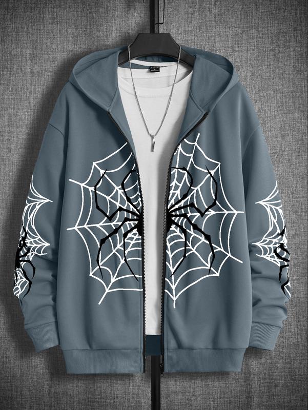 Zip Up Graphic Spiderweb Print Long Sleeve Goth Hoodie Sweatshirt Jacket