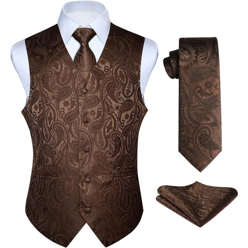 Men's Vest Tie Set Paisley Floral Jacquard Necktie Pocket Square 3PCS Waistcoat for Suit or Tuxedo Wedding Party