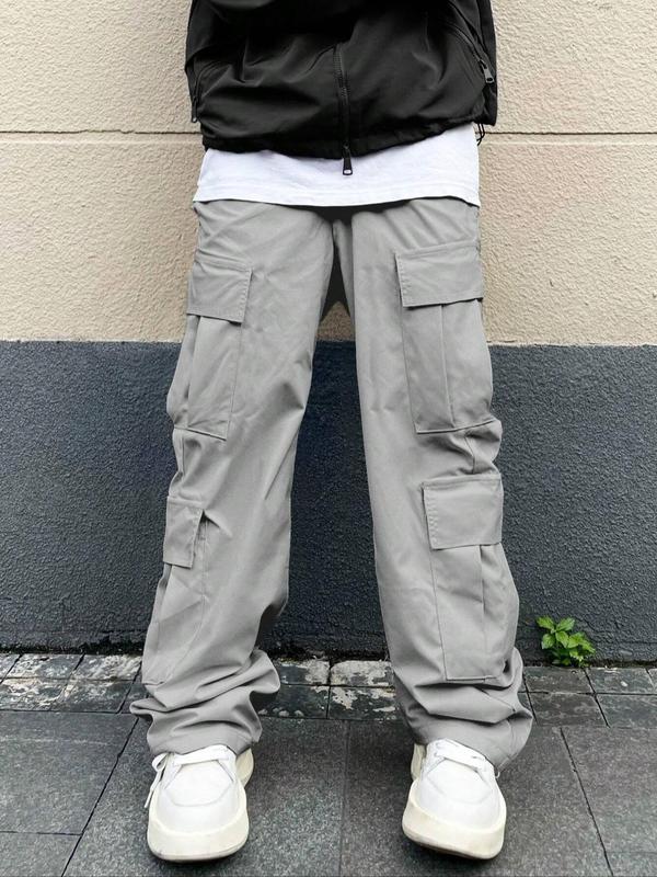 Men's Solid Flap Pocket Cargo Pants, Loose Casual Street Straight Leg Trousers for Daily Wear, Men's Bottoms for All Seasons