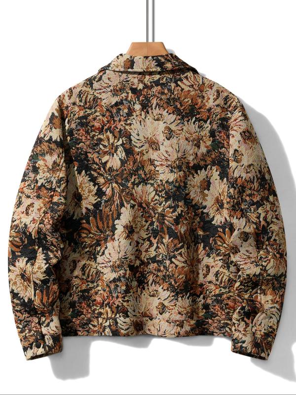 Men's Floral Print Button Front Jacket, Regular Fit Casual Long Sleeve Collared Outerwear for Fall & Winter, Men's Clothes for Daily Wear