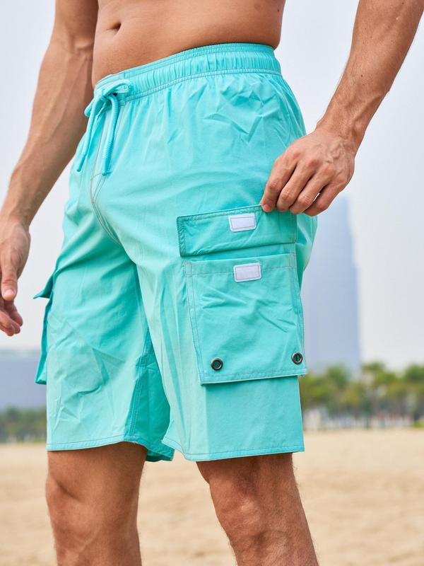 Men Swim Trunks, Gym Shorts, Men's Solid Drawstring Waist Pocket Beach Shorts, Summer Clothes, Loose Casual Sporty Straight Leg Shorts For Summer Beach Outdoor Activities, Men's Shorts