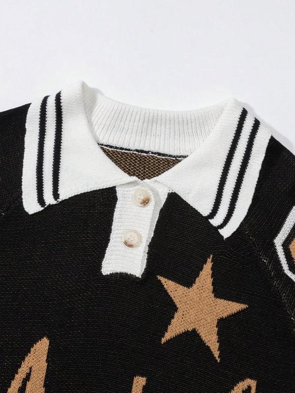 Men's Loose Letter & Number & Star Print Polo Neck Knit Top, Casual Striped Trim Raglan Sleeve Knitwear for Summer, Fashion Men's Knit Clothing for Daily Wear