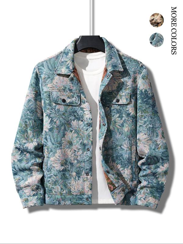 Men's Floral Print Button Front Jacket, Regular Fit Casual Long Sleeve Collared Outerwear for Fall & Winter, Men's Clothes for Daily Wear