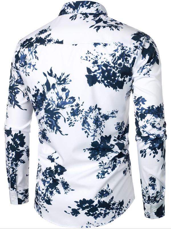 Men's Regular Fit Floral Print Button Front Shirt, Casual Long Sleeve Collar Top for Fall & Winter, Men's Clothes