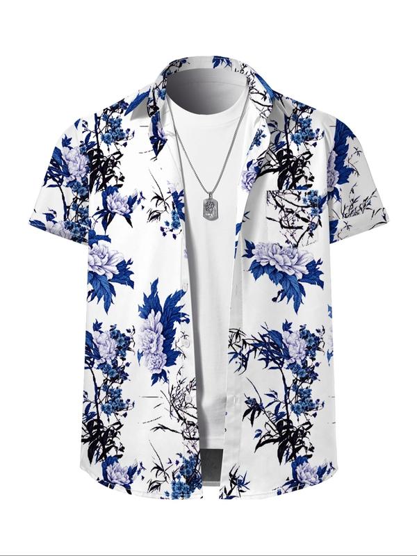 Men's Floral Print Pocket Button Front Shirt, Regular Fit Casual Short Sleeve Collar Top for Summer, Men's Top for Beach Vacation