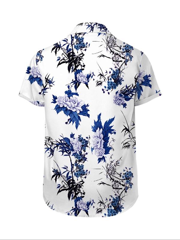 Men's Floral Print Pocket Button Front Shirt, Regular Fit Casual Short Sleeve Collar Top for Summer, Men's Top for Beach Vacation