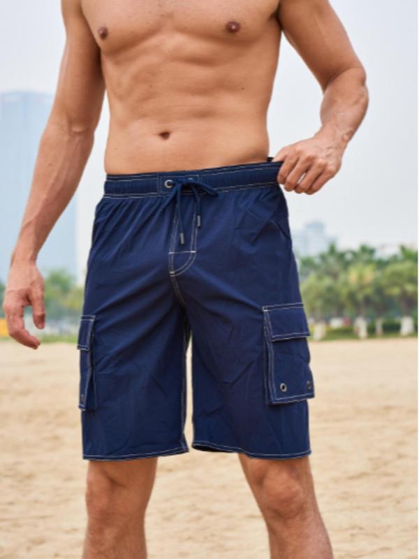 Men Swim Trunks, Gym Shorts, Men's Solid Drawstring Waist Pocket Beach Shorts, Summer Clothes, Loose Casual Sporty Straight Leg Shorts For Summer Beach Outdoor Activities, Men's Shorts