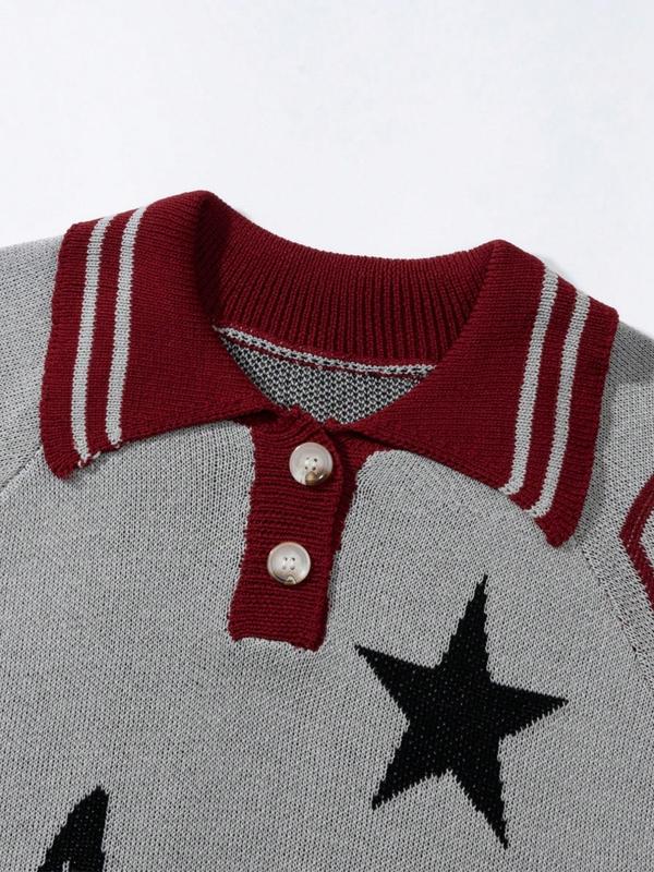 Men's Loose Letter & Number & Star Print Polo Neck Knit Top, Casual Striped Trim Raglan Sleeve Knitwear for Summer, Fashion Men's Knit Clothing for Daily Wear