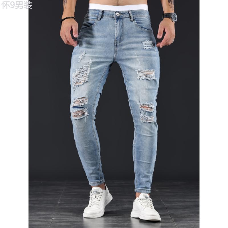 Slim Fit Ripped Jeans, Men's Casual Street Style Distressed Medium Stretch Denim Pants Menswear Spandex