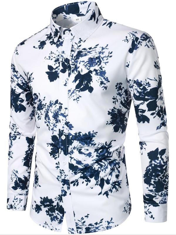 Men's Regular Fit Floral Print Button Front Shirt, Casual Long Sleeve Collar Top for Fall & Winter, Men's Clothes