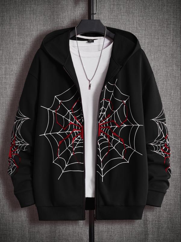 Zip Up Graphic Spiderweb Print Long Sleeve Goth Hoodie Sweatshirt Jacket