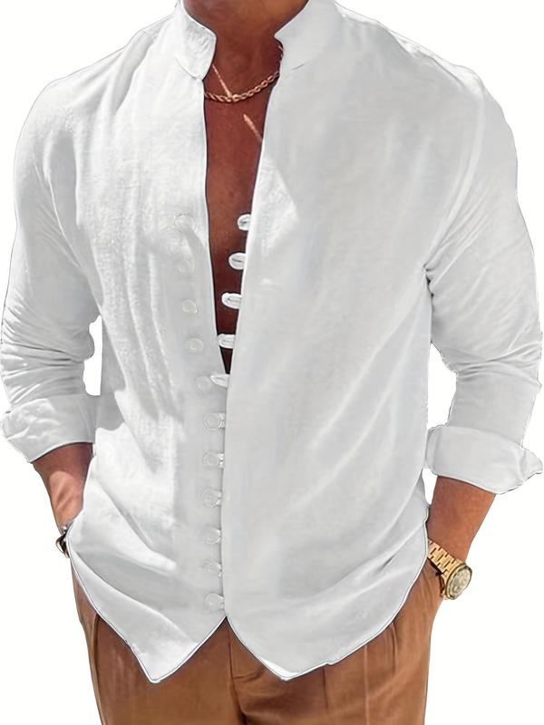 Men's Solid Button Front Shirt, Regular Fit Casual Long Sleeve Stand Collar Top for Daily Wear, Men's Clothes for All Seasons