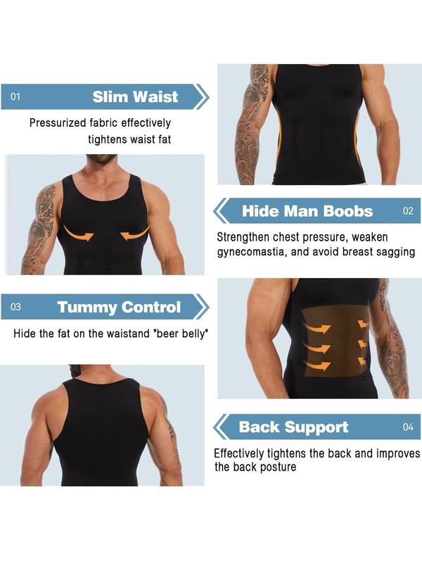 Men's Solid Color Compression Shapewear Tank Top, Breathable Comfortable Tummy Control Shaper, Men's Shapewear for Daily Wear