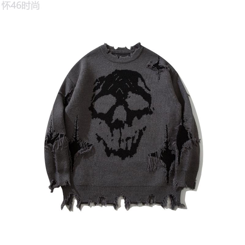 Men's Skull Pattern Knitted Pullover, Stylish, Breathable, Long Sleeve Collar Fabric