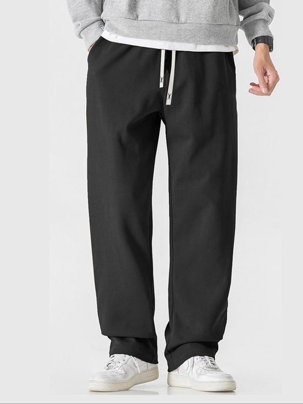 Men's Solid Drawstring Waist Wide Leg Pants, Casual Comfy Pocket Trousers for Fall & Winter, Men's Bottoms for Daily Wear