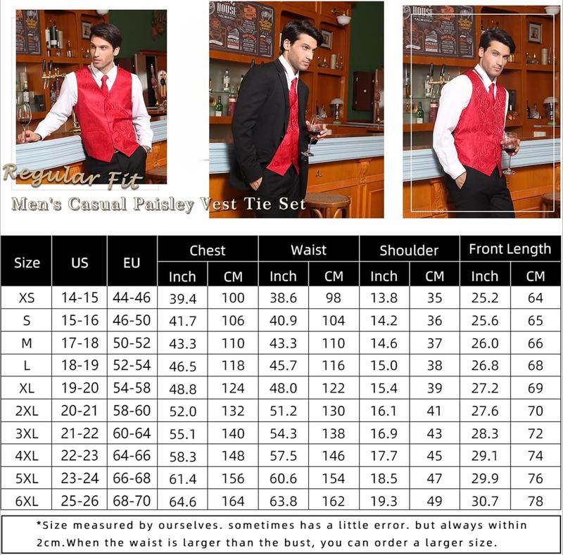 Men's Vest Tie Set Paisley Floral Jacquard Necktie Pocket Square 3PCS Waistcoat for Suit or Tuxedo Wedding Party