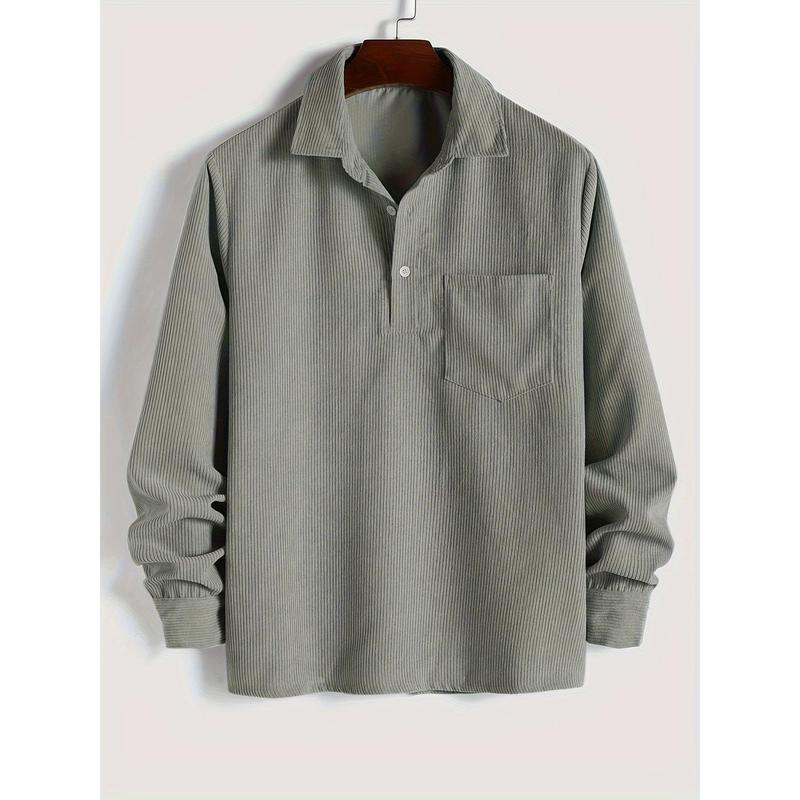 Long-sleeved Men's Corduroy Shirt with Half-button, Ribbed Chest Pocket, and Solid Color