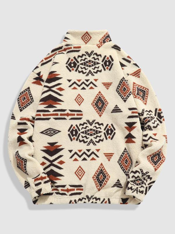 Men's Ethnic Pattern Zip Up Fuzzy Sweatshirt, Casual Loose Long Sleeve Stand Collar Pullover for Fall & Winter, Men's Clothes for Daily Wear