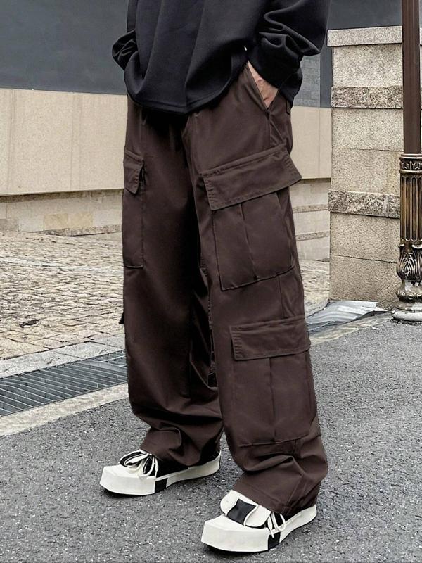 Men's Solid Flap Pocket Cargo Pants, Loose Casual Street Straight Leg Trousers for Daily Wear, Men's Bottoms for All Seasons