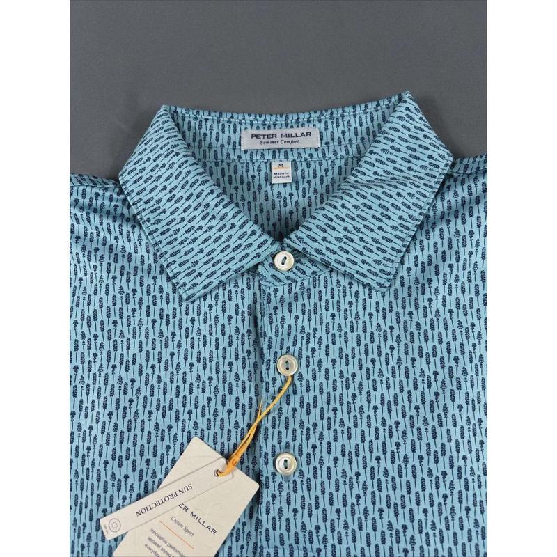 Peter Millar Golf Shirt Polo CS Summer Comfort Cattail Print Medium Blue NWT