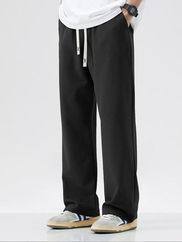 Men's Solid Drawstring Waist Wide Leg Pants, Casual Comfy Pocket Trousers for Fall & Winter, Men's Bottoms for Daily Wear