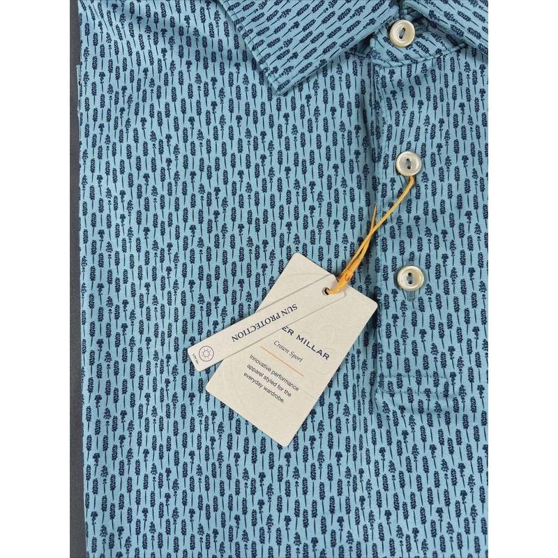 Peter Millar Golf Shirt Polo CS Summer Comfort Cattail Print Medium Blue NWT