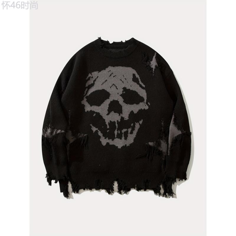 Men's Skull Pattern Knitted Pullover, Stylish, Breathable, Long Sleeve Collar Fabric