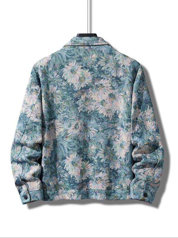 Men's Floral Print Button Front Jacket, Regular Fit Casual Long Sleeve Collared Outerwear for Fall & Winter, Men's Clothes for Daily Wear