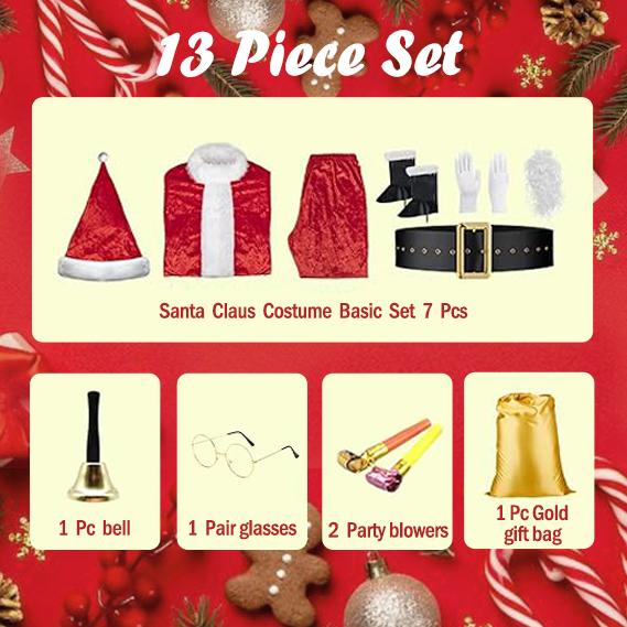 Christmas Clothing Costumes 13Pcs , Deluxe Velvet Christmas Santa Suit Outfit Jacket Adults Santa Costumes with Gloves