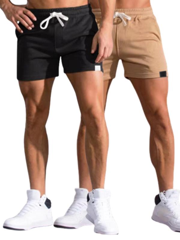 Men's Solid Color Patched Drawstring Waist Shorts, Regular Fit Casual Pocket Track Shorts for Spring & Fall, Men's Bottoms for Daily Wear