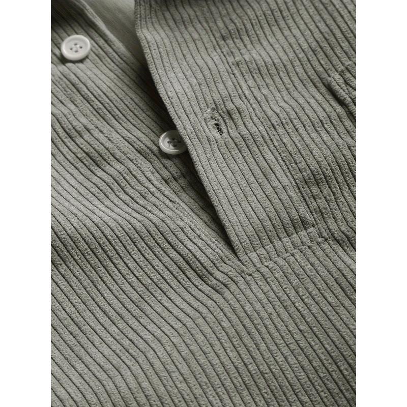 Long-sleeved Men's Corduroy Shirt with Half-button, Ribbed Chest Pocket, and Solid Color