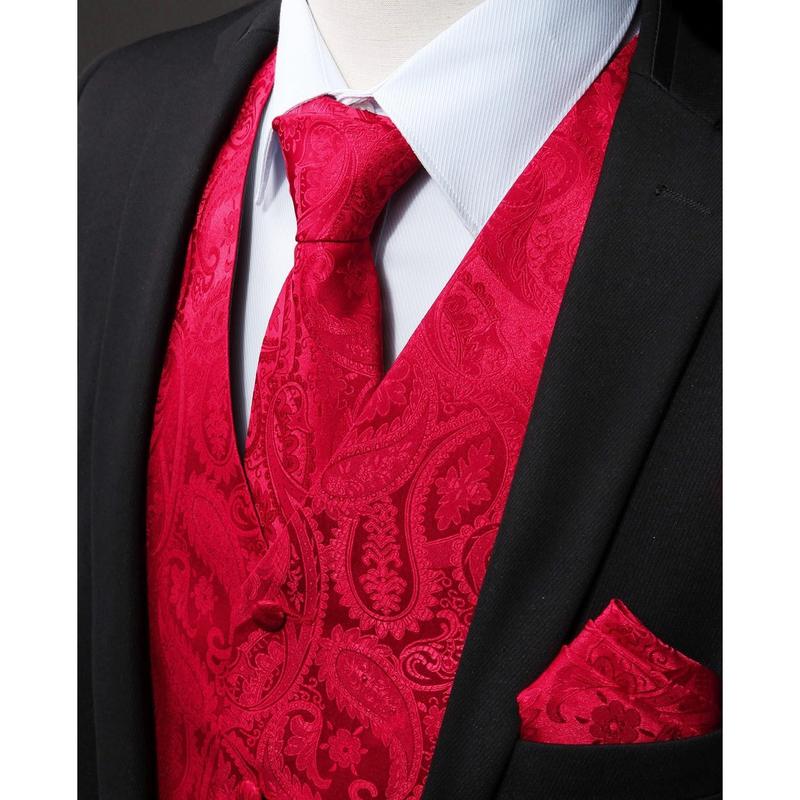 Men's Vest Tie Set Paisley Floral Jacquard Necktie Pocket Square 3PCS Waistcoat for Suit or Tuxedo Wedding Party