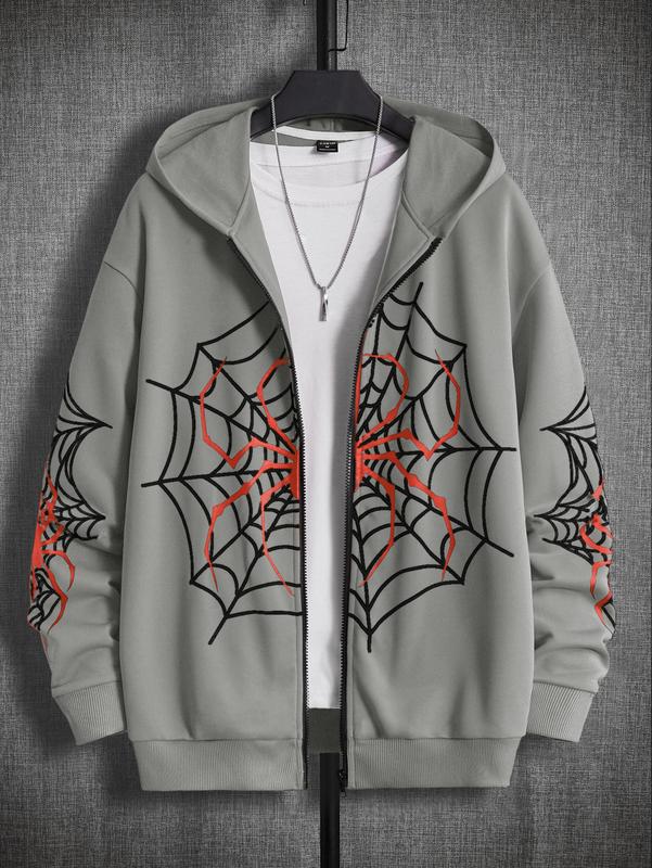 Zip Up Graphic Spiderweb Print Long Sleeve Goth Hoodie Sweatshirt Jacket