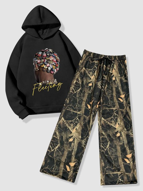 Two-Piece Set Men's Figure Graphic Hoodie & Plants Print Pocket Drawstring Waist Pants, Casual Fashion Cozy Breathable Two Piece Outfits for Daily Outdoor Wear, Men Clothes for All Seasons