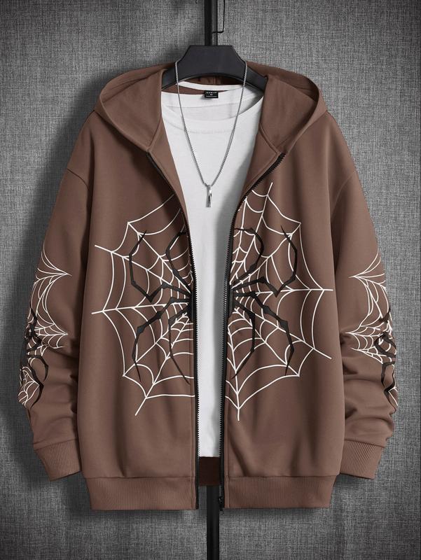 Zip Up Graphic Spiderweb Print Long Sleeve Goth Hoodie Sweatshirt Jacket